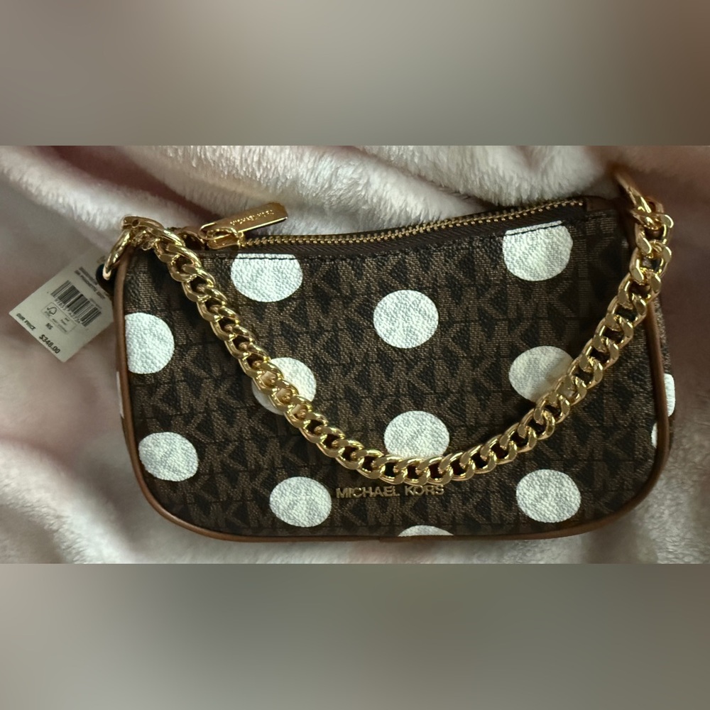 Michael Kors Brown and White Polka Dot Chain Wristlet Crossbody NWT